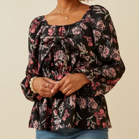 Hayden Los Angeles Floral Foliage Print Twist Front Peplum Top Long Sleeve Small - Picture 11 of 11